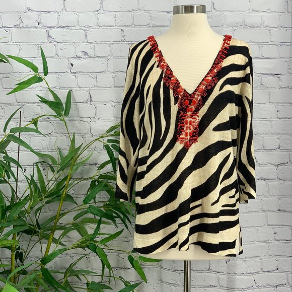 Chico's Tops - 🎉Chico's Zebra Print Top w/ Red Beading Detail